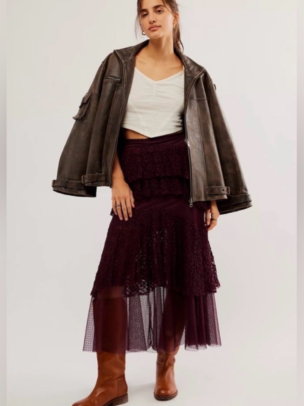Free People Lace in Love Burgundy Lace Tiered Maxi Skirt
